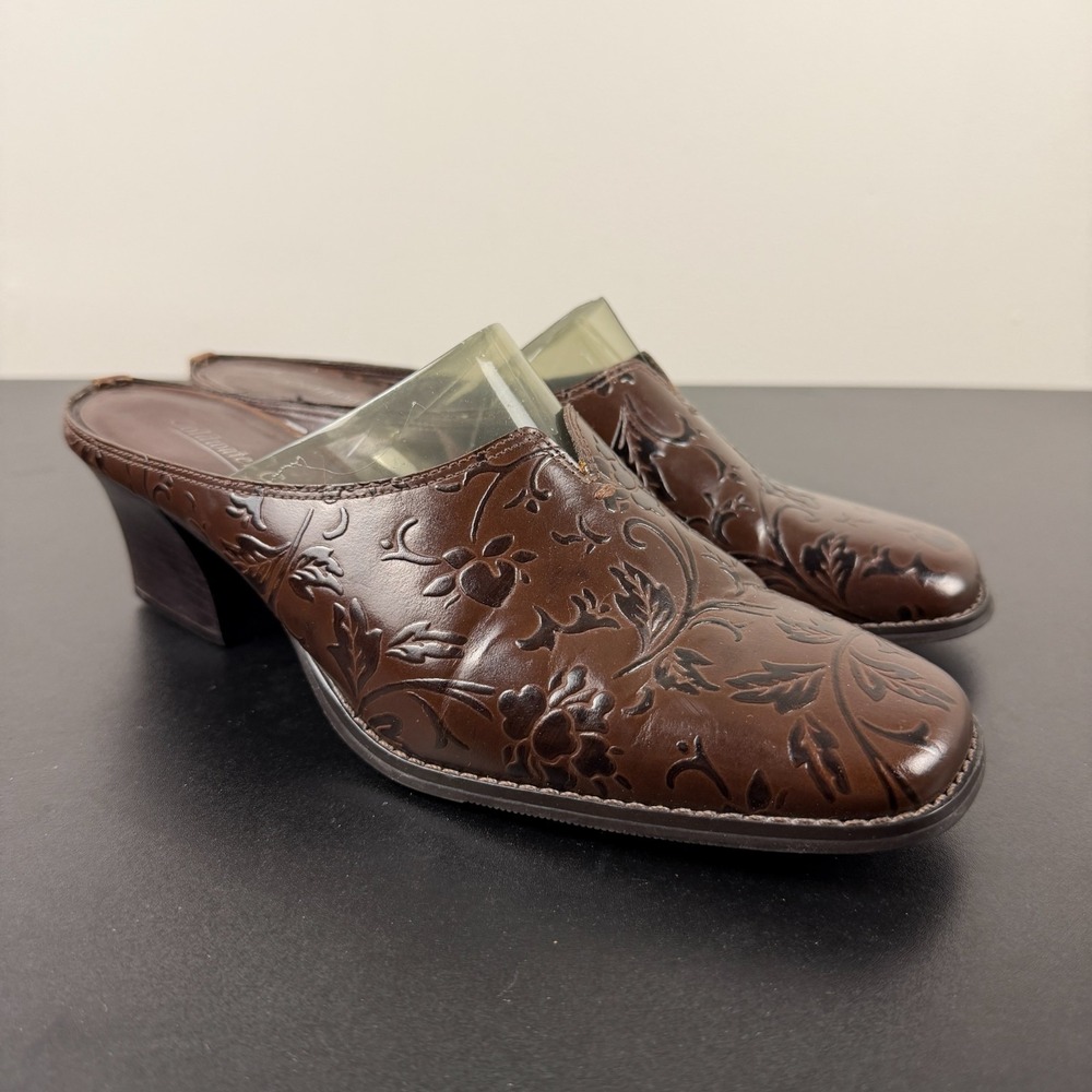 Coldwater Creek Heel Mules Women's 8.5M Brown Floral Leather Square Toe Slip On